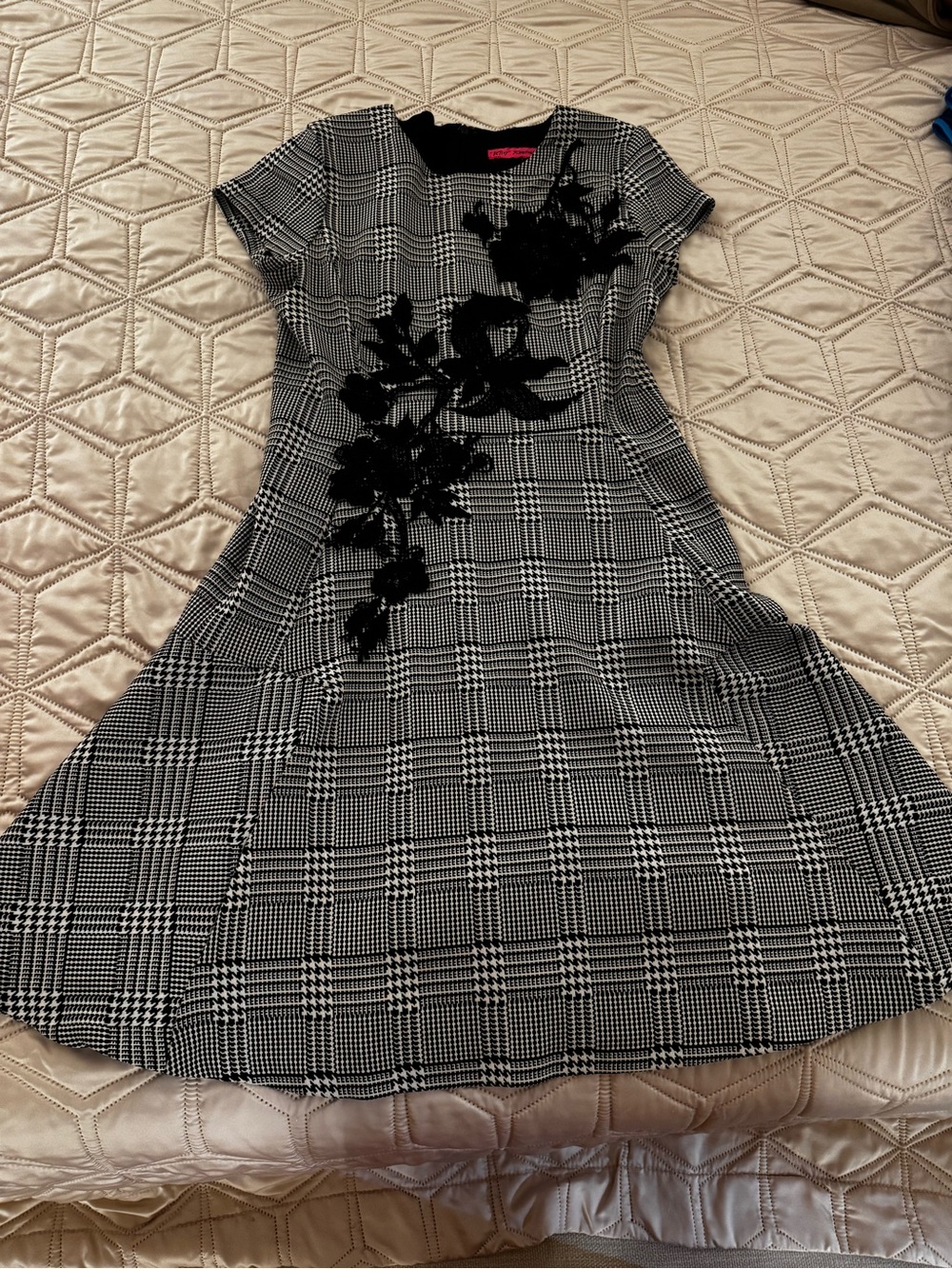 Betsey Johnson Black and White Plaid Midi Dress with Black Floral Appliqué